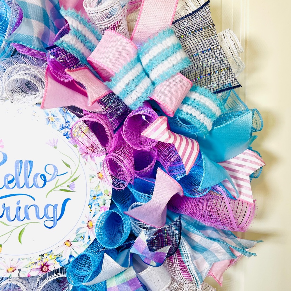 Handmade Hello Spring Prelit Ribbon Wreath 22 in LED W3 - Picture 6 of 9